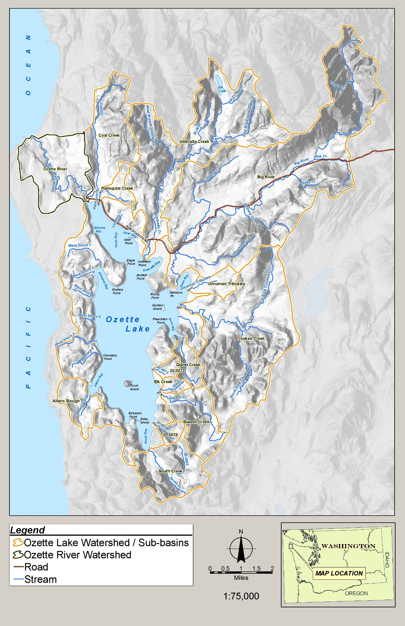Map of Lake Ozette, its tributaries, subbasins and the Ozette River watershed